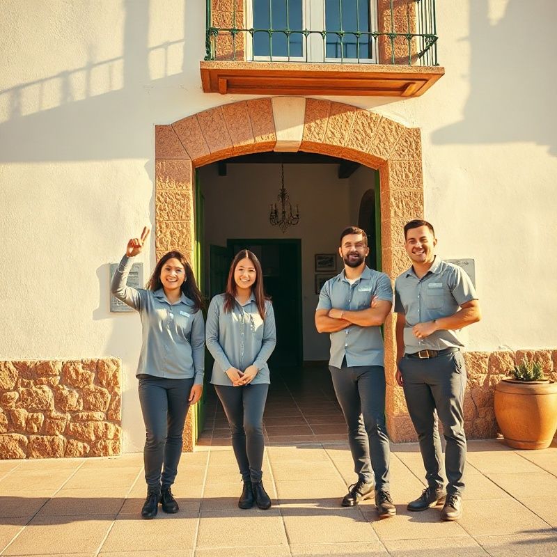 Equipo profesional de limpieza uniformado frente a un edificio tradicional mallorquín