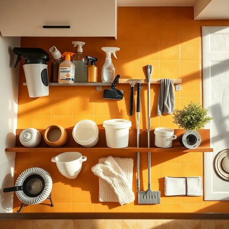 Productos y utensilios de limpieza profesional dispuestos sobre una encimera de tonos cálidos